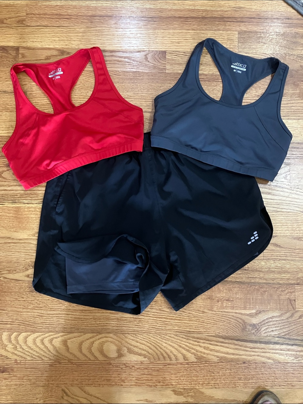 bcg Red and Gray Racerback Low-Support Sport Bras and Lined Black Short Sz M EUC - Picture 1 of 14